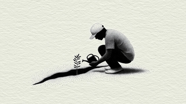 Person Standing in Waist-High Floodwater Holding a Potted Plant Above the Surface - Climate Anxiety and Resilience, Black and White Ink Illustration

