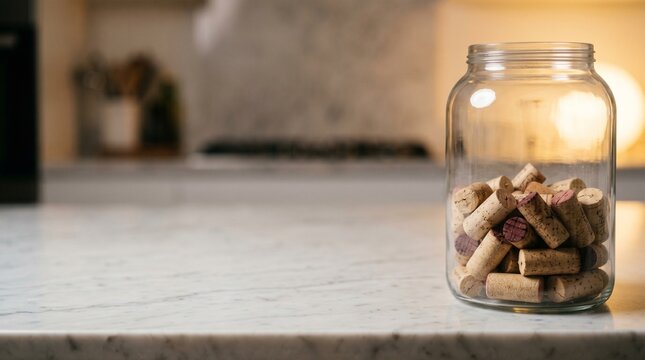 Glass jar filled with wine corks on a marble kitchen countertop with copiespace.