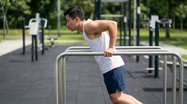 Athletic Asian man performing tricep dips on parallel bars at an outdoor fitness park.