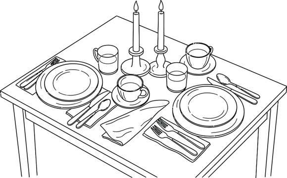Dinner table setting for two people with candles