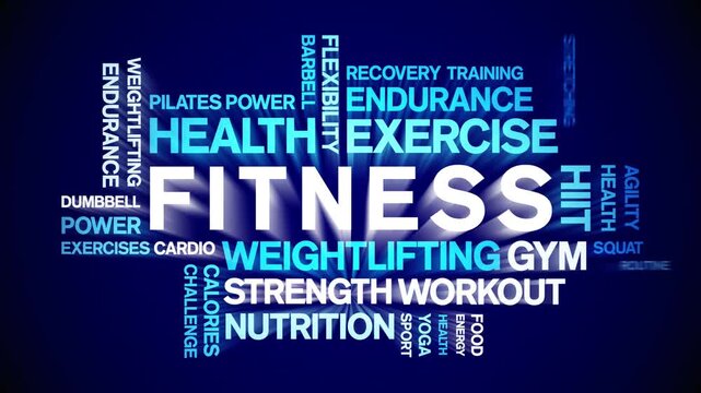 Fitness animated word cloud-text design animation tag kinetic typography seamless loop.