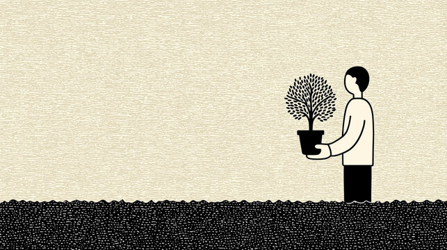 Person Standing in Waist-High Floodwater Holding a Potted Plant Above the Surface - Climate Anxiety and Resilience, Black and White Ink Illustration

