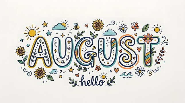 Colorful August Doodle with Decorative Floral and Sun Elements