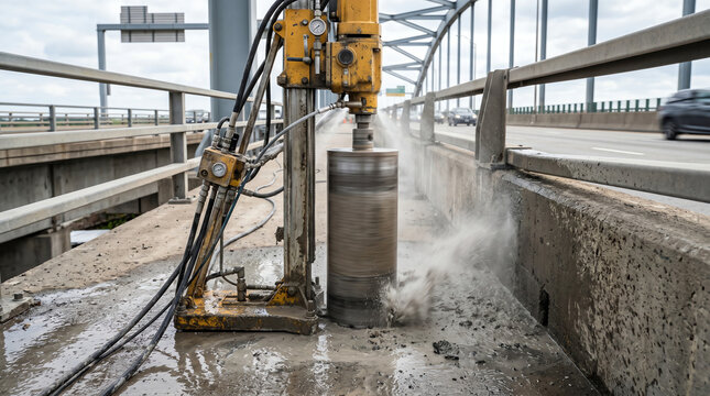 Wet coring rig drilling a sample core from a bridge deck for chloride analysis