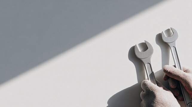 Crafting precision two gloved hands holding tools minimal white composition workshop environment close-up view