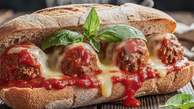 Delicious Meatball Sub Sandwich with Melted Cheese and Fresh Basil.
