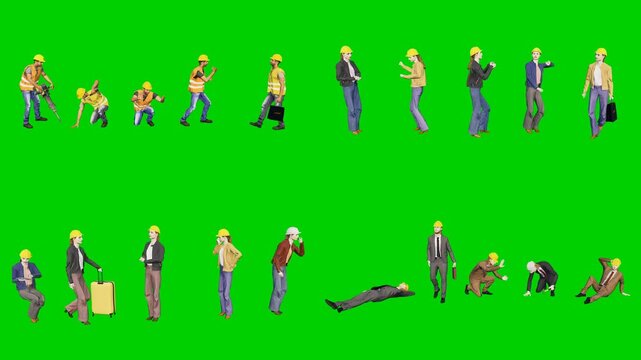 3d people man on green screen chroma key background animated character scattered with boxes and props on in casual outfits this ideal for compositing animation production editing motion