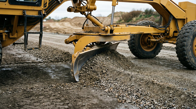 Motor grader moldboard pulling a fresh windrow of base aggregate across a road subgrade
