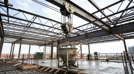 Naklejka premium Block-and-tackle assembly carrying a concrete bucket on a high-rise roof pour