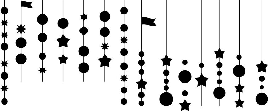 Minimalist black hanging ornaments vector set, decorative geometric star and circle pendants, festive party garland elements for holiday design.