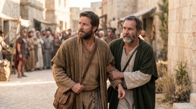 Two men dressed in ancient historical robes walking through a crowded street in an old town. Biblical scene depicting apostles escaping persecution. Religious history and faith concept.