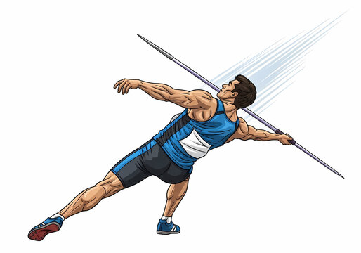 Athletic male javelin thrower in action motion.