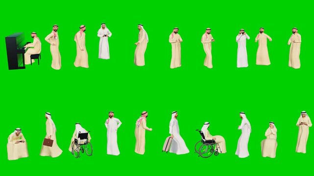 3d people man on green screen chroma key background animated character scattered group with piano wheelchair and standing poses on in varied casual wear ideal for compositing animation