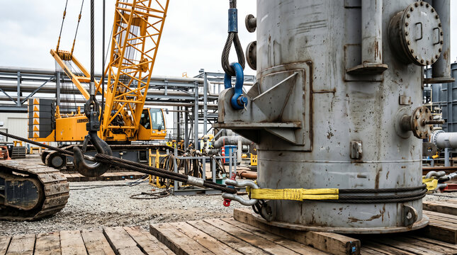 Trunnion and tail rigging on a vertical pressure vessel staged for a tailing lift