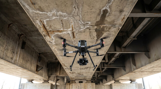 Inspection drone hovering under a bridge deck capturing high-resolution photos of soffit
