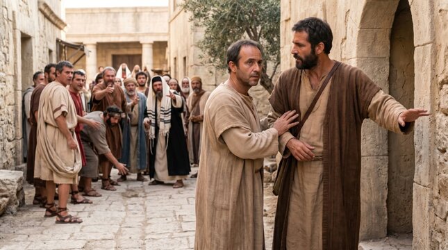 Apostle Paul and Barnabas leaving town being pursued by an angry mob. Biblical scene from Acts of the Apostles. Ancient religious drama portraying conflict and escape from persecution.