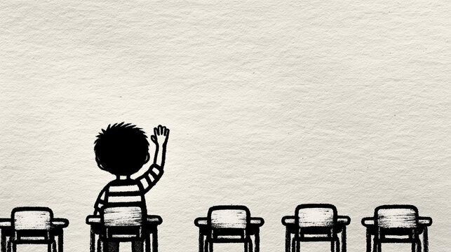 Child Sitting in Classroom Raising One Hand While Other Desks Remain Empty - Theme of Unequal Access to Education, Black and White Ink Illustration

