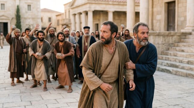 Apostles Paul and Barnabas escaping from a hostile crowd of people in Iconium. Biblical scene from Acts of the Apostles showing men fleeing from potential stoning in ancient city.