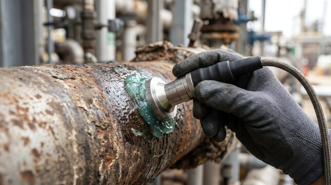 Handheld ultrasonic thickness gauge probe on a process pipe wall during a CUI survey