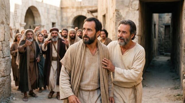 Apostle and man escaping angry crowd in ancient city. Biblical scene depicting threat and persecution of saints. Historical drama inspired by Acts of the Apostles in Bible narrative.