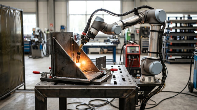Robotic welding cell with a cobot arm laying a fillet bead on a fabricated bracket