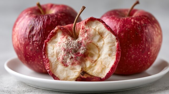 Three red apples on a white plate, with one apple showing significant mold and decay.