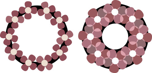 Floral wreath vector set with pink blossoms, circular flower frames for wedding invitations, decorative botanical border elements in mauve and black. © Asif