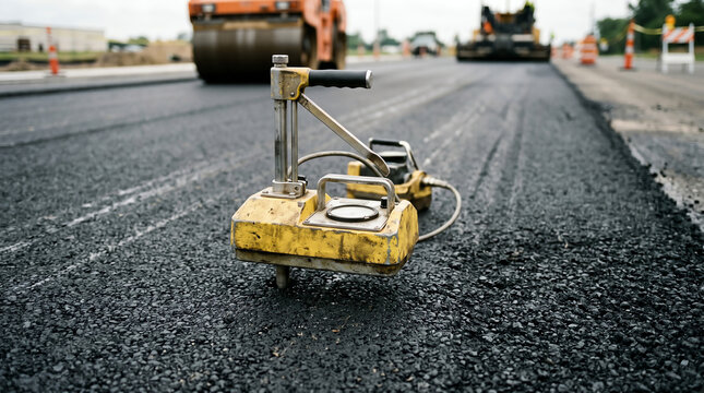 Nuclear density gauge sitting on a fresh asphalt mat during a compaction test