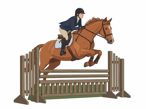 Illustration of a horse and rider jumping over a wooden fence.
