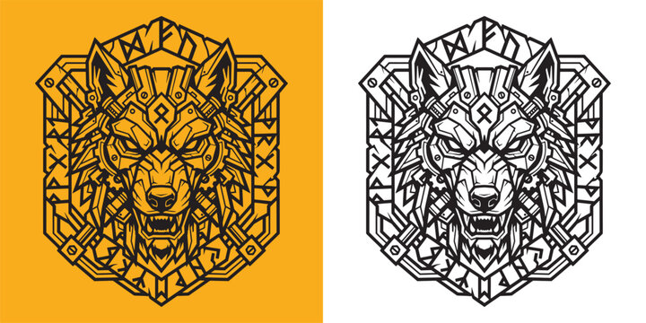 Mechanical Wolf Head in Hexagonal Frame with Viking Rune Symbols