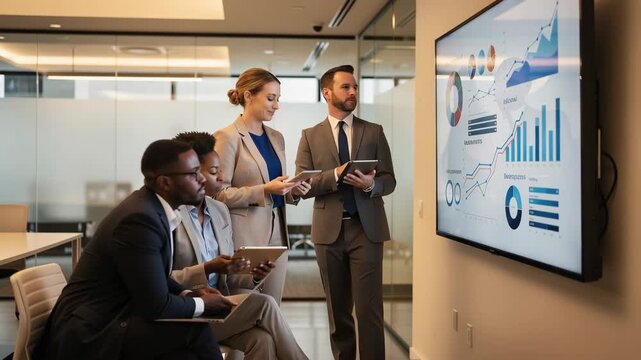 Diverse business team in formal attire analyzing dynamic charts and graphs in modern office