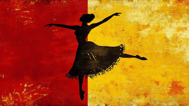 A dancer twirls elegantly, casting a beautiful silhouette against a striking red and yellow background. This scene captures the spirit of joy, passion, and movement, embodying artistry and culture