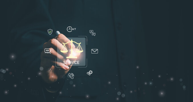 Hand using stylus to select 24/7 legal service icon with AI and communication symbols, depicting round-the-clock digital law support, online consultation, and global attorney assistance.