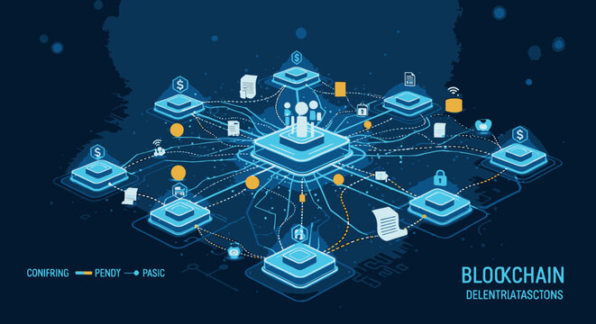 Isometric blockchain network concept with digital nodes and data connections