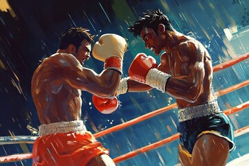Fototapeta premium Inside a lively arena, two strong boxers grapple in a fierce contest, their gloves striking with power. The atmosphere crackles with excitement as fans cheer wildly