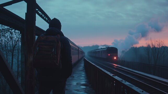 In the stillness of early morning, a lone traveler with a backpack gazes towards a steam train approaching on a misty railway. The sky glows softly with shades of blue and pink
