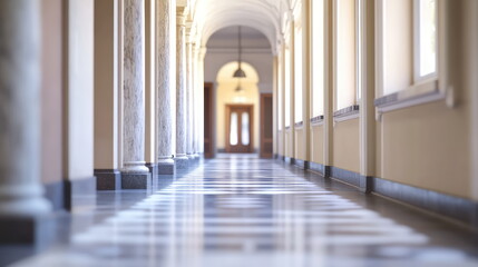 Naklejka premium Elegant hallway showcasing a long perspective with neoclassical pillars lining one side, light reflecting on a glossy checkered floor, and a distant door providing depth and symmetry