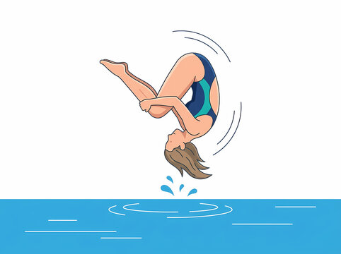 Illustration of a female diver performing a somersault dive into water.