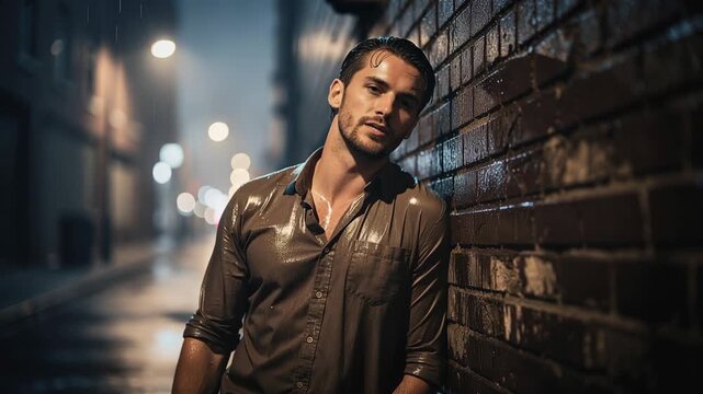 Man standing in the rain leaning against a wet brick wall under streetlights at night
