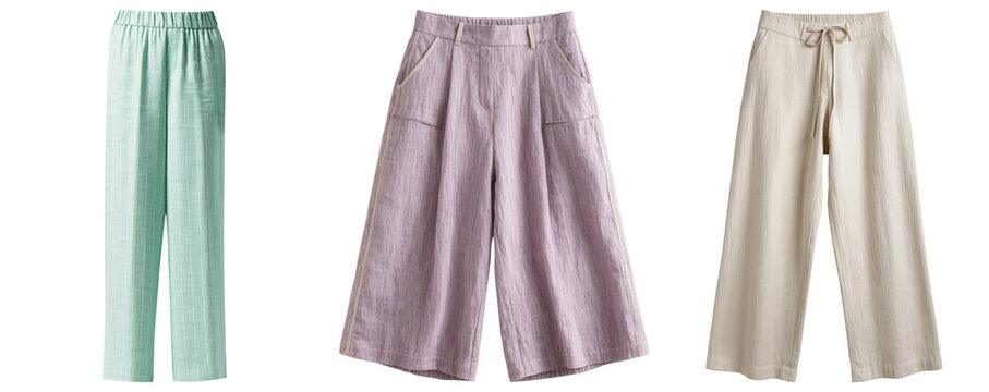 Three pairs of wide-leg linen pants in different colors: mint green, lavender, and beige, displayed against a transparent background.