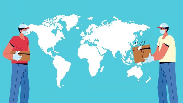 Delivery workers wearing face masks and holding boxes with world map background representing global logistics during pandemic.
