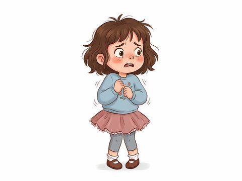 A frightened little girl standing and trembling with a worried expression.