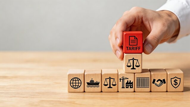 Hand placing red tariff block on wooden cubes with global trade icons symbolizing import tax customs duty international commerce economic policy and financial regulation concepts