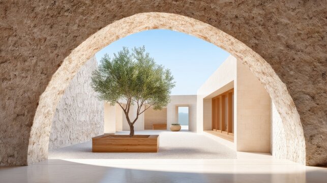 View from deep within a dark ancient stone archway looking out into a brightly sunlit modern courtyard, minimalist architecture and a solitary olive tree