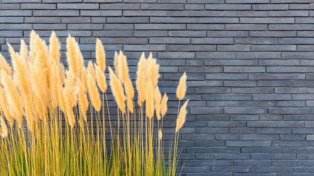 View of a modern industrial loft facade made of matte black handmade bricks, massive planting of tall ornamental grasses (miscanthus and feather grass)