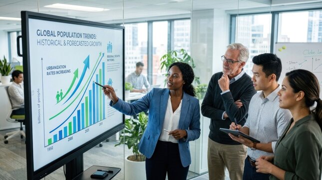 A diverse group of business professionals gathered in a modern office setting, discussing a global population trend presentation on a large, interactive screen.