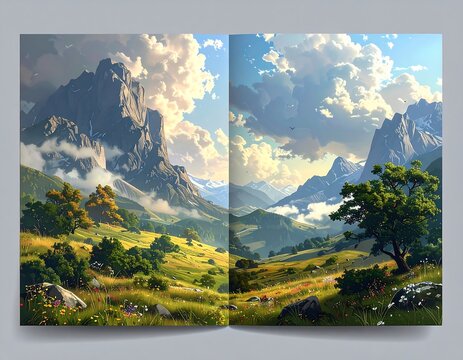 A diptych showcasing a vibrant landscape with majestic mountains, lush meadows, and fluffy clouds under a bright sky