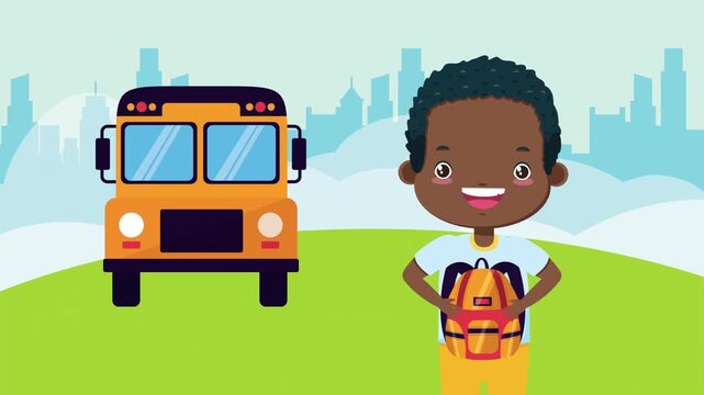 Little boy holding backpack in front of school bus with city skyline background in flat animation style.