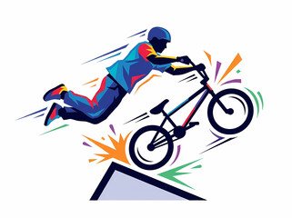 Naklejka premium Colorful illustration of a cyclist performing a jump on a bmx bike.
