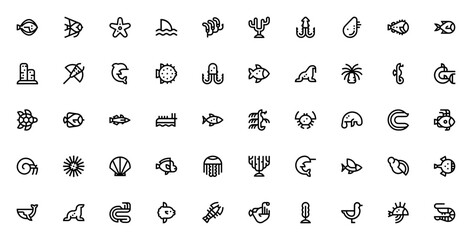 Sea Life icon set. Marine vector illustration. Ocean creature icon pack. Featuring fish, coral, jellyfish, shark, dolphin, turtle, octopus, seahorse, starfish, seaweed and more. © wang